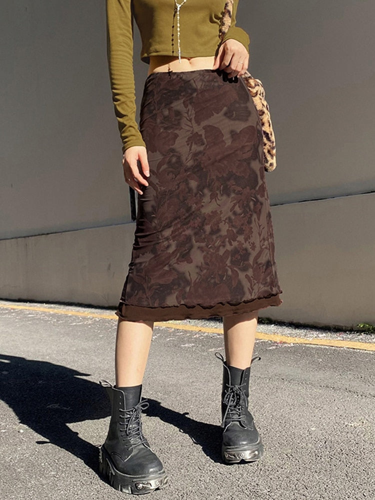 Ifomt Harajuku Vintage A Line Midi Skirts Women Gothic Grunge Aesthetic Summer Low Waist Skirt Floral Print 90s Y2K Streetwear Faldas