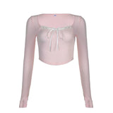 IFOMT 2024 Fashion Woman tops y2k style Pink Knit Lace Trim Front Tie-Up Top