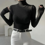 IFOMT 2024 Fashion Woman tops y2k style Casual Tight Turtleneck  Long Sleeve Top