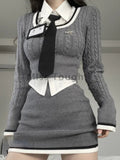 Ifomt Gray Preppy Style 3 Piece Set Women Korean Fashion Knitted Mini Skirt Suit Female Casual Blouse＋Warm Sweaters＋Elegant Skirt