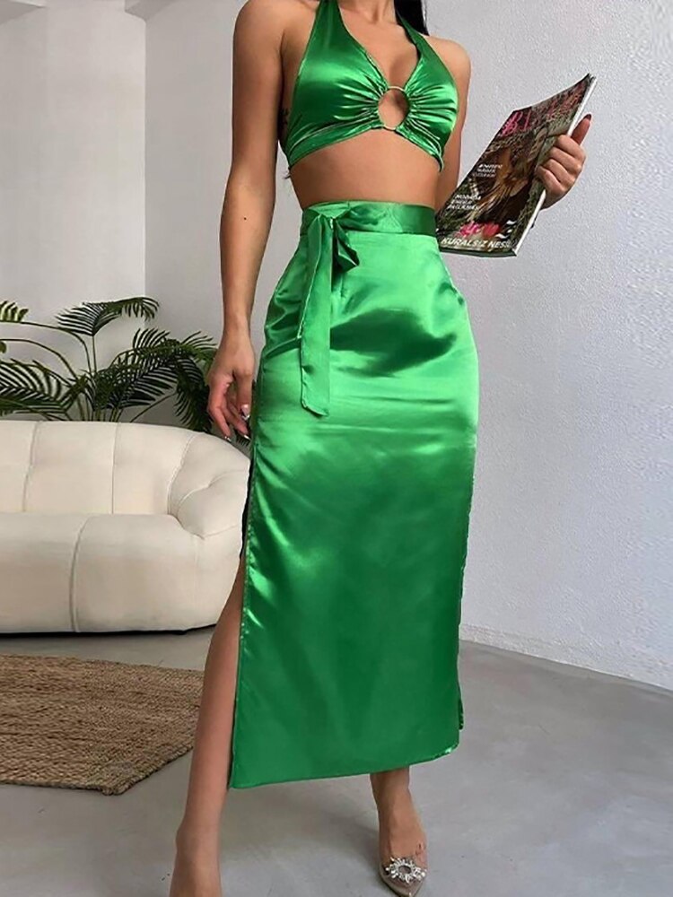 Back to college Satin Summer Backless Midi Bodycon Dress Women Two Piece Set 2022 Halter Bandage Sexy Club Party Dresses Elegant Robes