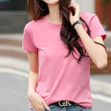 2022 Summer Short Sleeve O-Neck Cotton Pink T-Shirt Women Solid Color Elegant Tshirts Lady Slim Soft Casual Fashion Tops