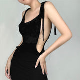Backless Knitting Black Mini Dress 2022 Summer Hot Sexy Hollow Y2K Party Dresses Women Sleeveless V Neck Bodycon Strap Clothing