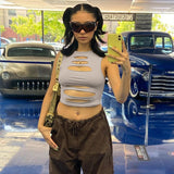 Back to college Y2K Hollow Out Sexy Summer Crop Top Women Streetwear Sleeveless 2022 Green O Neck Off Shoulder Tank Tops Fashion