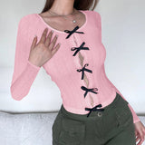 IFOMT 2024 Fashion Woman tops y2k style Bow Lace Trim Knit Crop Top