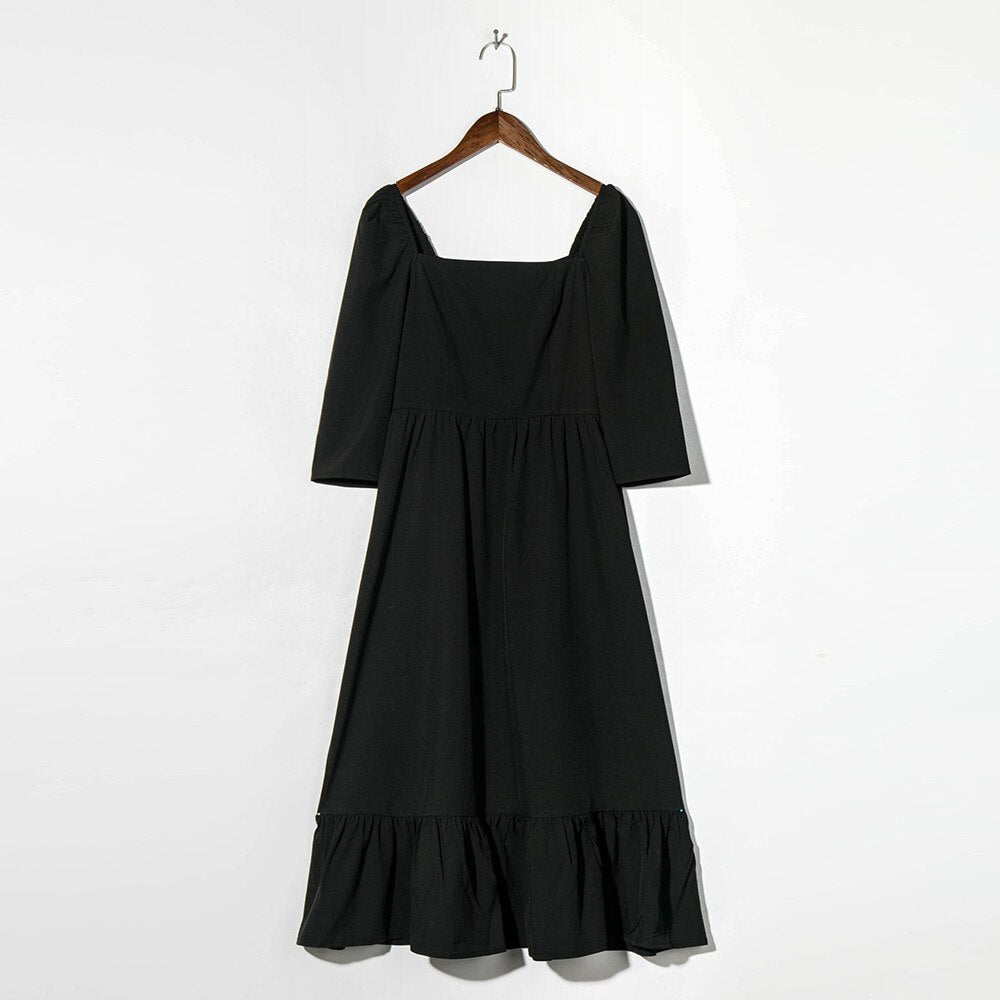 Ifomt Summer Dresses For Women 2022 Evening Square Neck Vintage Black Party Dress Half Sleeve Back Smocked Ruffle Hem Midi Dress