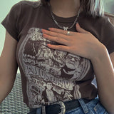 Ifomt Vintage Grunge Graphic Aesthetic Women Crop Tops Punk Harajuku Y2K Goth Short Sleeve Streetwear 90s Print Slim Clothes T-shirt