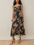 Ifomt Wedding Guest Dresses For Women Vintage Print Midi Floral Dress Spaghetti Strap Tie Vacation Summer Dress