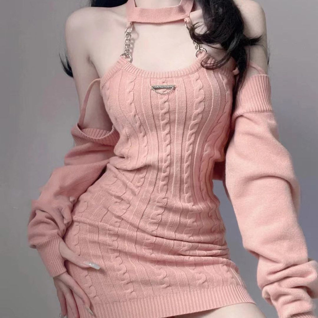 Ifomt Pink Knitted Suits Office Lady Sweet Y2k Crop Tops + Mini Dress Women 2023 Autumn Korea Fashion Even Party 2 Piece Dress Set