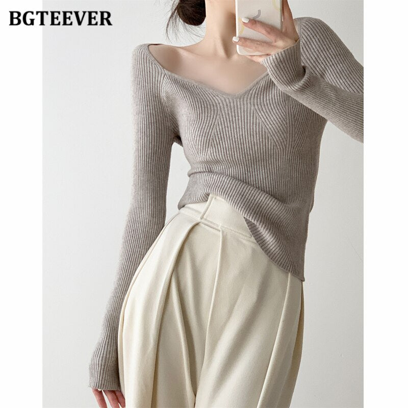 Ifomt  Casual V-Neck Slim Ladies Pullovers Sweaters Long Sleeve Skinny Female Knitted Jumpers 2022 Spring Women Knitwear Tops