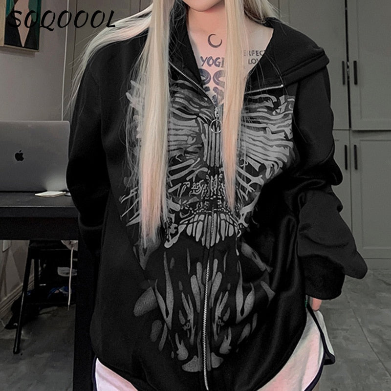 Ifomt Y2K Gothic Punk Hoodie Women 2022 Loose Butterfly Print Grunge Long Sleeve Black Hoodies Jackets Streetwear Zip Up Sweatshirts