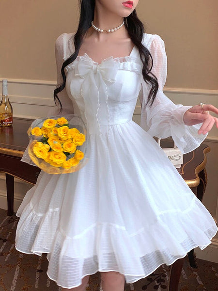 Ifomt French Sweet Fairy Lolita Dress Women Long Sleeve Lace Y2k Mini