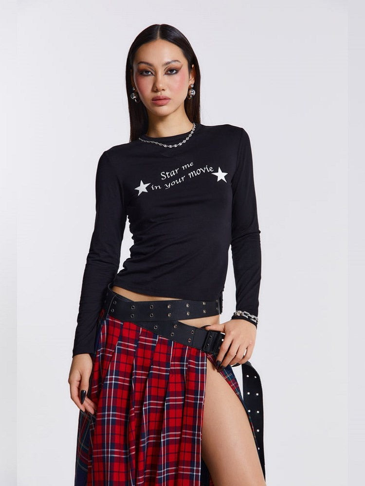 Ifomt Fashion Street Y2K Letter Star Harajuku Leisure Long Sleeve Basecoat Slim Round Neck Women's Top Clothing Sexy Beauty