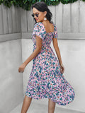 Bohemia Floral Printed Elegant Midi Dress Women Square Neck Short Sleeve Summer Casual Dress Ladies A-line Beachwear Boho Robe