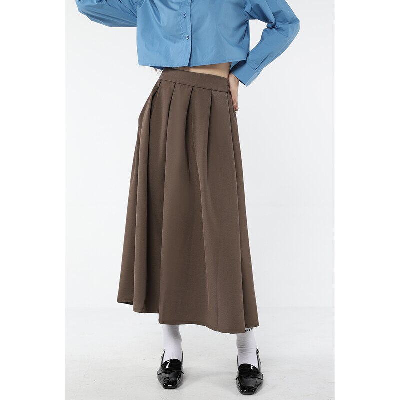 Ifomt 2023 Spring Vintage Khaki Pleated Women Suit Skirt Casual High Waist American College Style Ladies Medium and Long A-line Skirt