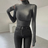 IFOMT 2024 Fashion Woman tops y2k style Casual Tight Turtleneck  Long Sleeve Top