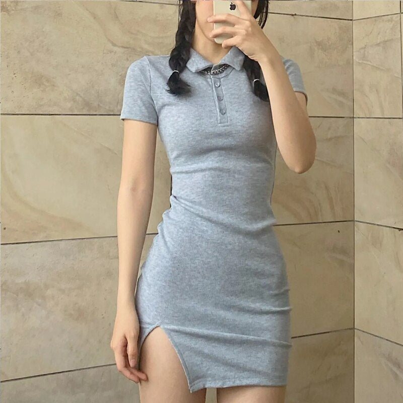 Ifomt Polo Basic Mini Dress Grey Slim One Pieces Korea Lapel Dresses For Women 2022 Summer Short Sleeve Slit Skirt Sexy Sheath Outfits