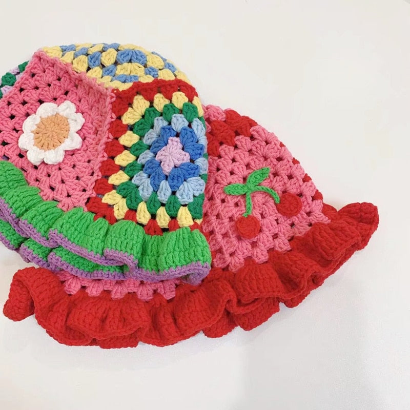 2022 Summer New Women Crochet Hand-made  Kartoon Casual Knit Hats Cherry  Red Pink Bucket Hat Cap