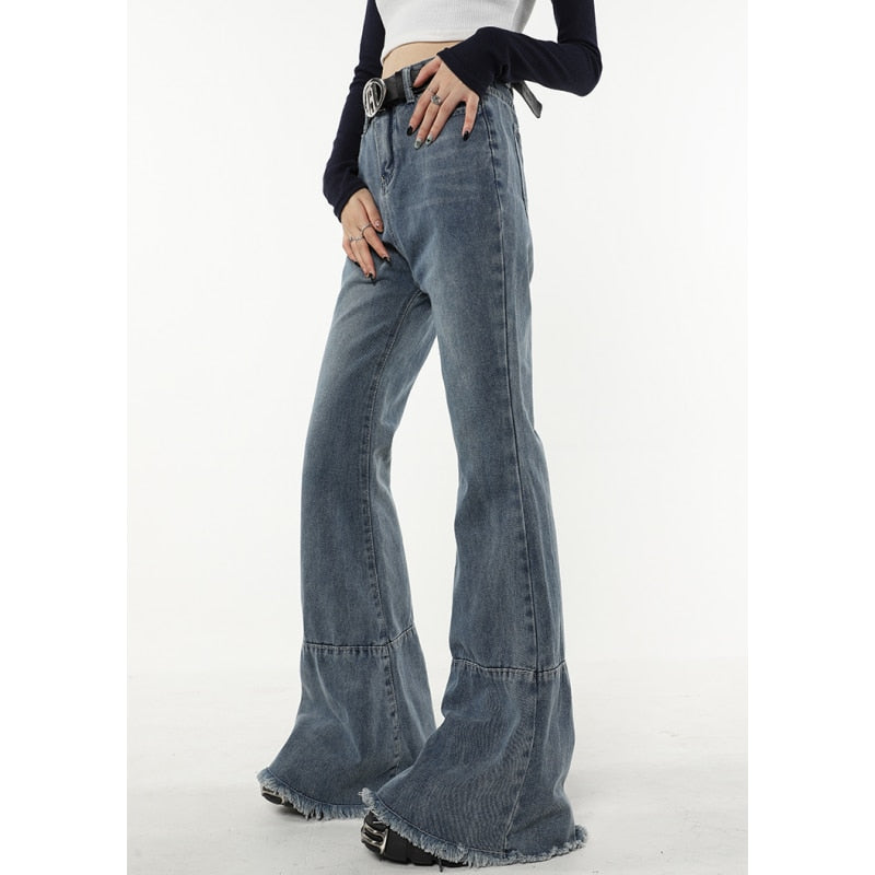 Ifomt Blue Women Jeans Flare Pants High Waist Splicing American Fashion Oversize Streetwear Style Female Denim Wide Leg Baggy Trouser