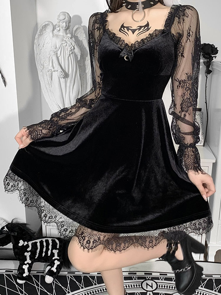 Ifomt Vintage 90s Y2K Dress Women Sexy Lace Patchwork V Neck Bodycon Dress Gothic Aesthetic High Waist Midi Dresses Club Party Dresses