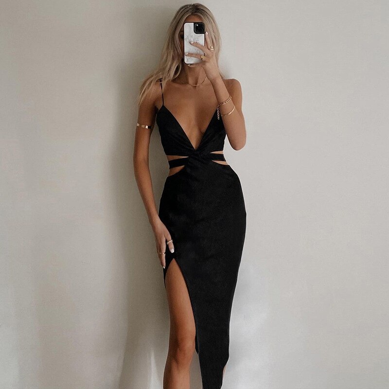 2023 Summer   Black Party Evening Club Dress with Thin V-neck Straps Bandage Elegant Maxi Backless Dresses for Women Clothes