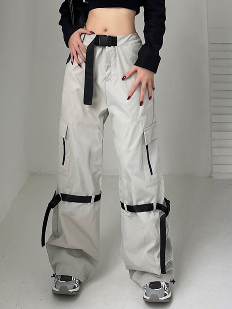 Ifomt Fashion New Cargo Pants With Buckle Chic High Waist Light Grey Loose Sweatpants Harajuku Korean Joggers Techwear 2022