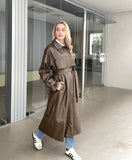 Ifomt 2023 Autumn New design Runway Designer Leather Maxi Long Trench Coat With Belt Chic Female PU Windbreaker Classic