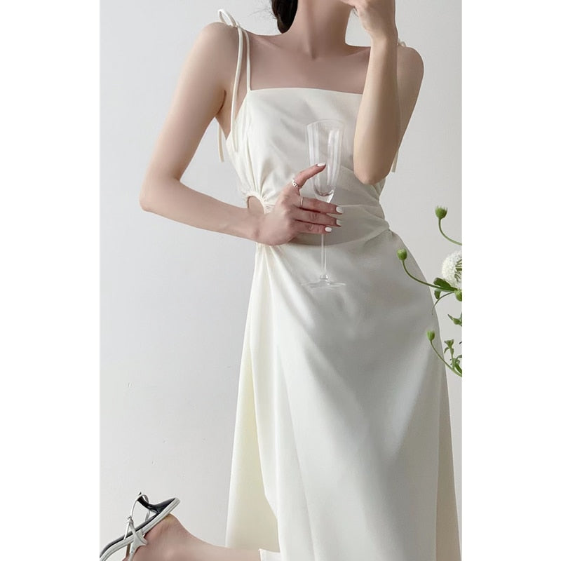 Ifomt Women's Clothing Suspended Dress French Satin White Slim Open Waist Long Skirt Design Feel Hollow Lace Up Temperament Dress