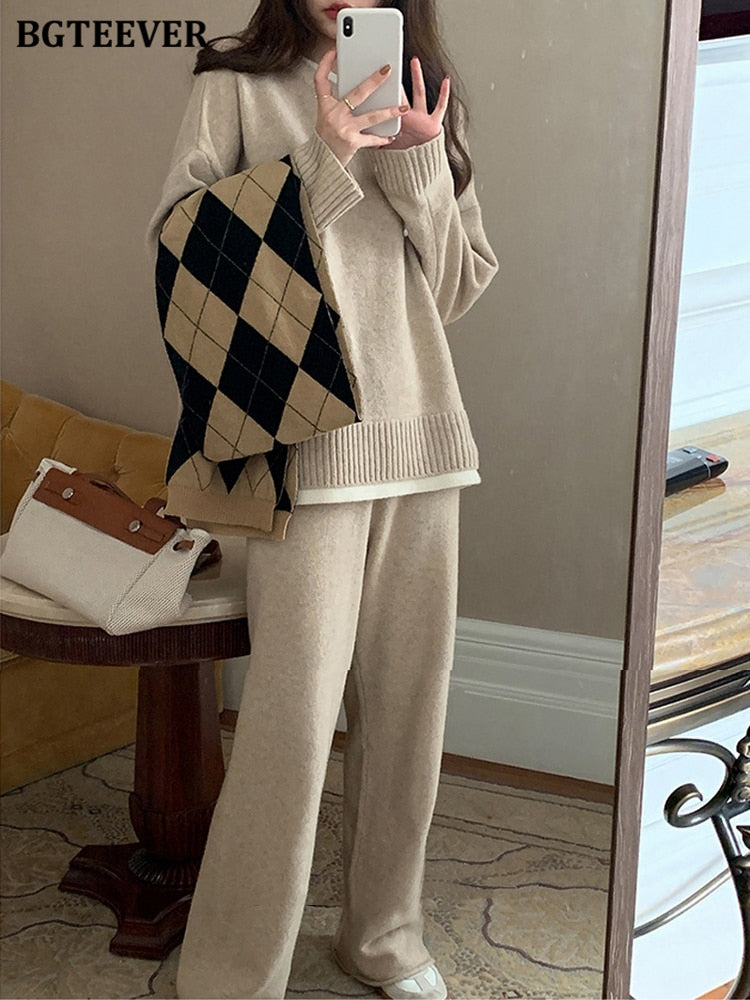 Ifomt  Casual Loose 2 Pieces Knitted Set Female Long Sleeve Patchwork Pullovers & Wide Leg Trousers Winter Sweater Set Women