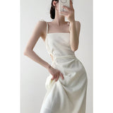 Ifomt Women's Clothing Suspended Dress French Satin White Slim Open Waist Long Skirt Design Feel Hollow Lace Up Temperament Dress