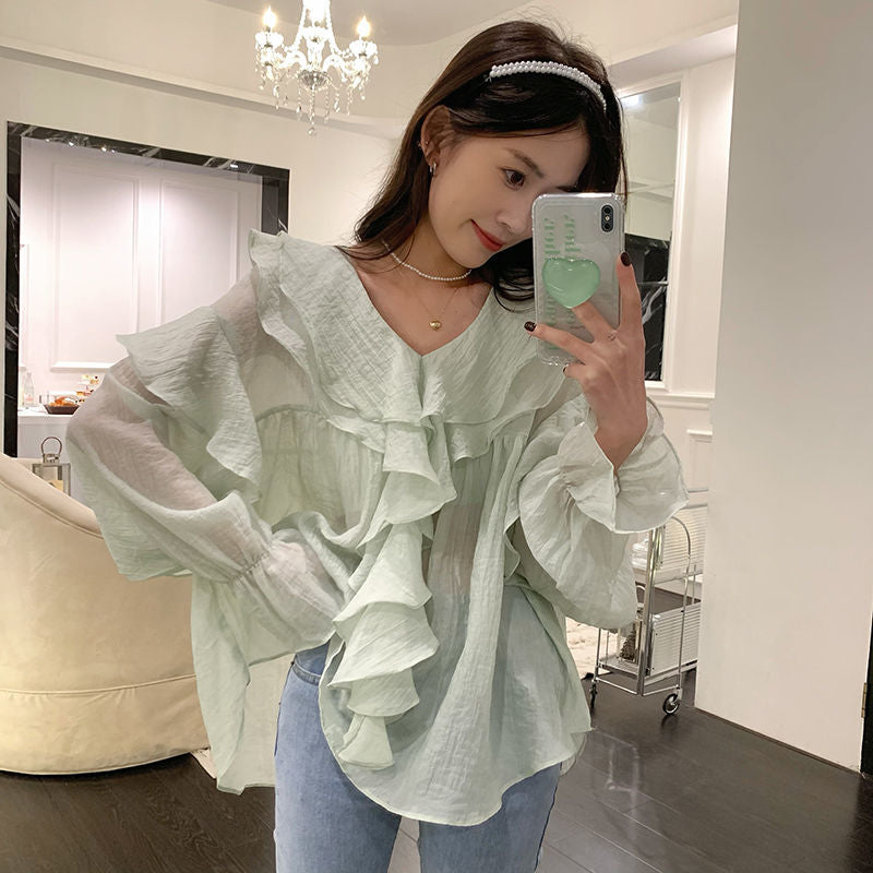 Blouses Women Gentle Ruffles Design Korean Fashion Loose Spring All-match Simple Chic Leisure Sweet Kawaii Stylish Students Ins