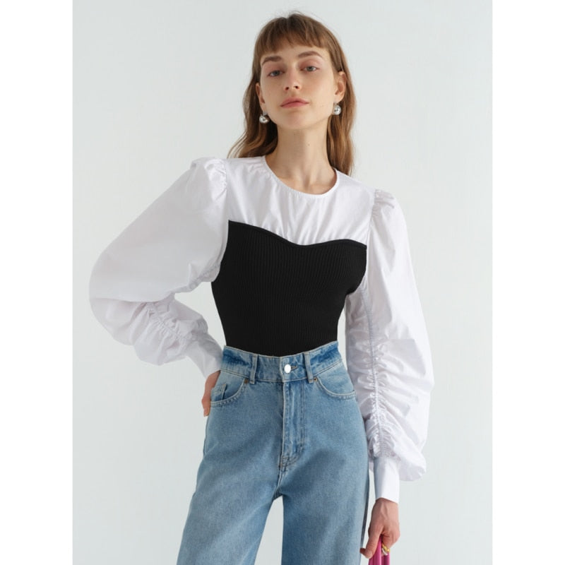Ifomt Women's Clothes Shirt White Shirt Splicing Fashion Vintage Female Puff Sleeve Chic Baggy Casual Pullover Blouse Tops Fall 2023 Outfits