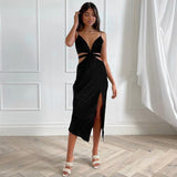 2023 Summer   Black Party Evening Club Dress with Thin V-neck Straps Bandage Elegant Maxi Backless Dresses for Women Clothes
