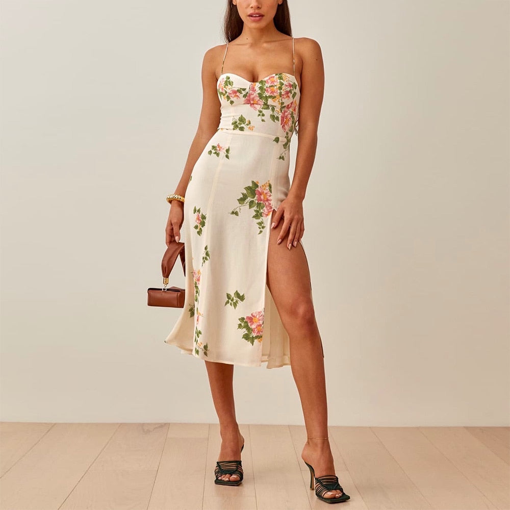 Ifomt Summer Dresses For Women  Spaghetti Strap Sundress Vintage  Print Wedding Guest  Midi Floral Dress With Slit