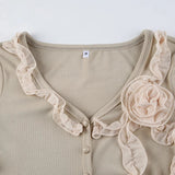 IFOMT 2024 Fashion Woman tops y2k style Sweet Slim Floral Ruffles Buttons V Neck Top