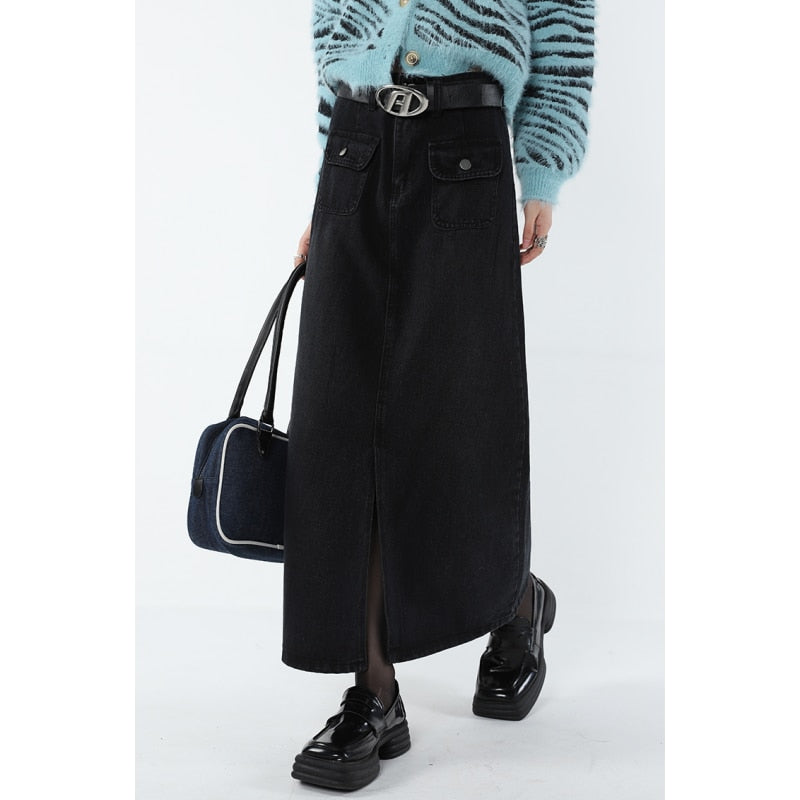 Ifomt Women Black Denim Half Body Skirt Split Fork High Waist Casual Korean Fashion Mid Length Bottoms Baggy Vintage Female Long Skirt