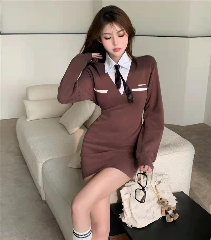 2023 Ifomt Brown Harajuku Casual   Dress Women Long Sleeve Kawaii Aesthetic Mini Dresses Vintage Korean Fashion Fake Two Fall Clothes
