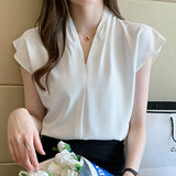 2023 Ifomt Blouse Women White Black Shirts Korean Woman Clothes Short Sleeve Top Chiffon Shirt V-Neck Office Lady Blusas Mujer