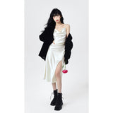 Ifomt Summer Dress Women's Straps Dress Sleeveless Korean Fashion Swinging Collar Suspender Satin Slit Mid-length Skirt Dress