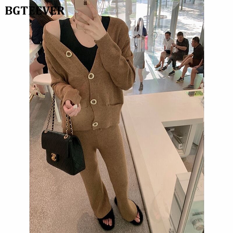 Ifomt  Elegant Knitted Trouser Set Women Sweater Suits Long Sleeve Single-Breasted Cardigans & Straight Trouser Autumn Winter