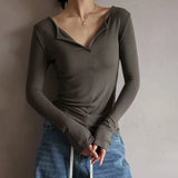 IFOMT 2024 Fashion Woman tops y2k style Casual V Neck Long Sleeve Top