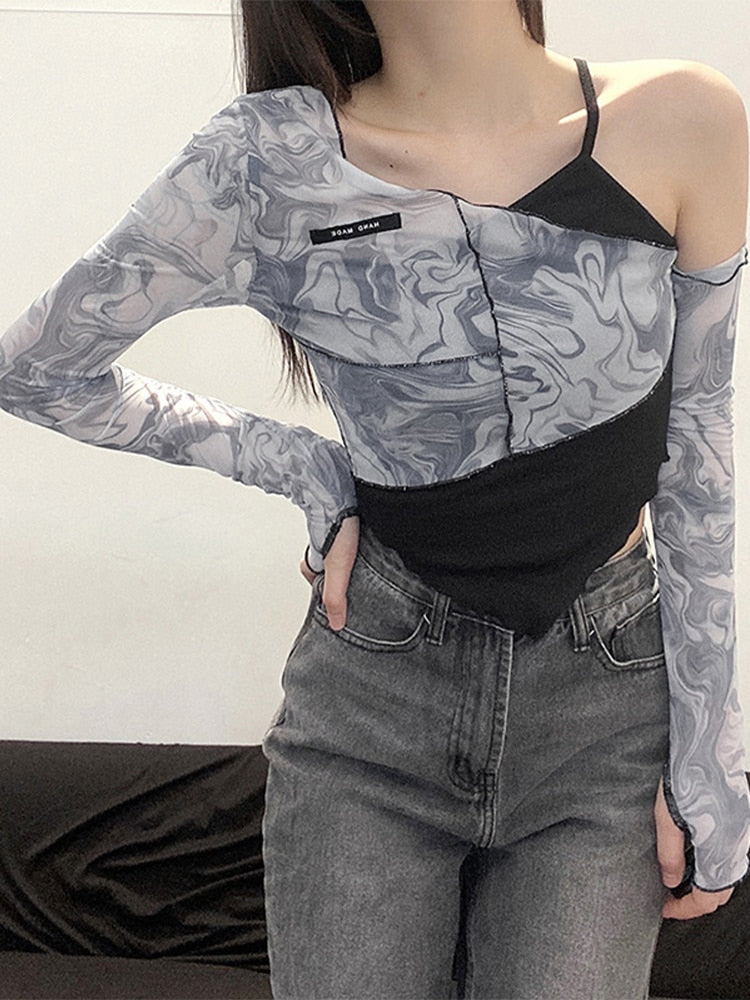 Ifomt Asymmetrical Yamamoto Sleeve T-Shirts Women Sexy Cute Slope Neck Ruffles Crop Top Spring Summer Fake Two Pieces Tops Y2K Clothes