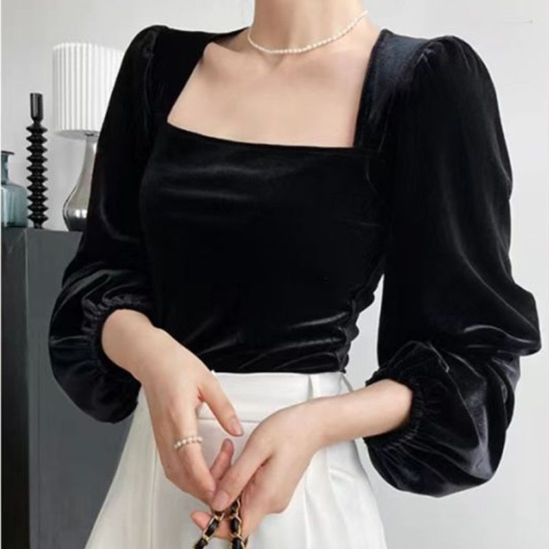 Ifomt Black Velvet Blouses Women Solid Minimalist Slim Elegant Blusas Ropa Mujer Square Collar Long Sleeve Autumn Tops Fall Outfits 2023