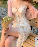 Ifomt 2023 Summer Floral Sleeveless Midi Dresses Women Designer Vintage Dress Female One Piece Elegant Dress Korean Fashion