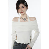 Graduation Gift White Women's Clothes French Vintage Zipper Design Mature  Knitting Slim Fit Knitting Slash Neck Long Sleeves Sexy Tops Pullover