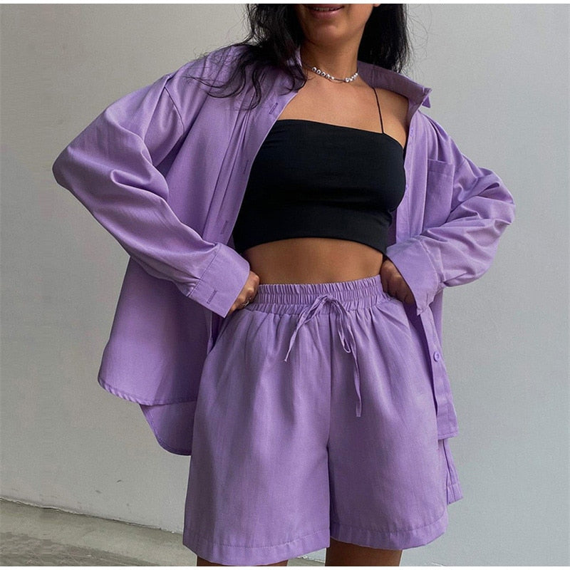 Back to college Oversized Women Tracksuit Shirt Shorts Two Piece Set Green Long Sleeve Top Mini Shorts Suit Female Summer Lady Casual Suits
