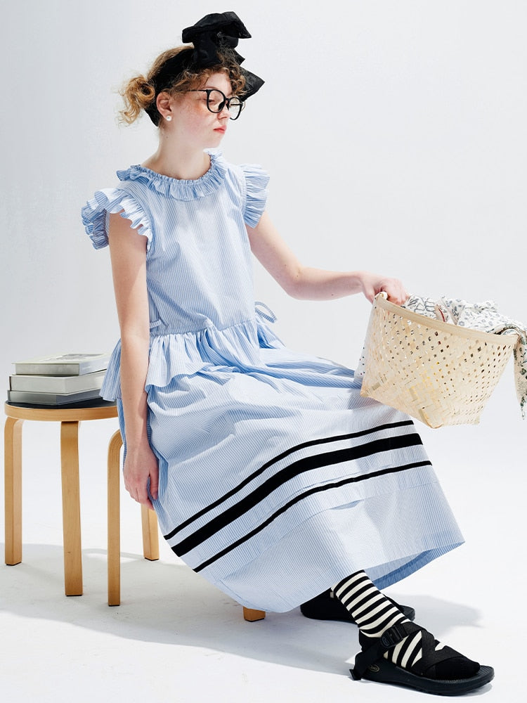 Ifomt striped small flying sleeve dress for women 2023 New A-line niche design Long dress for women