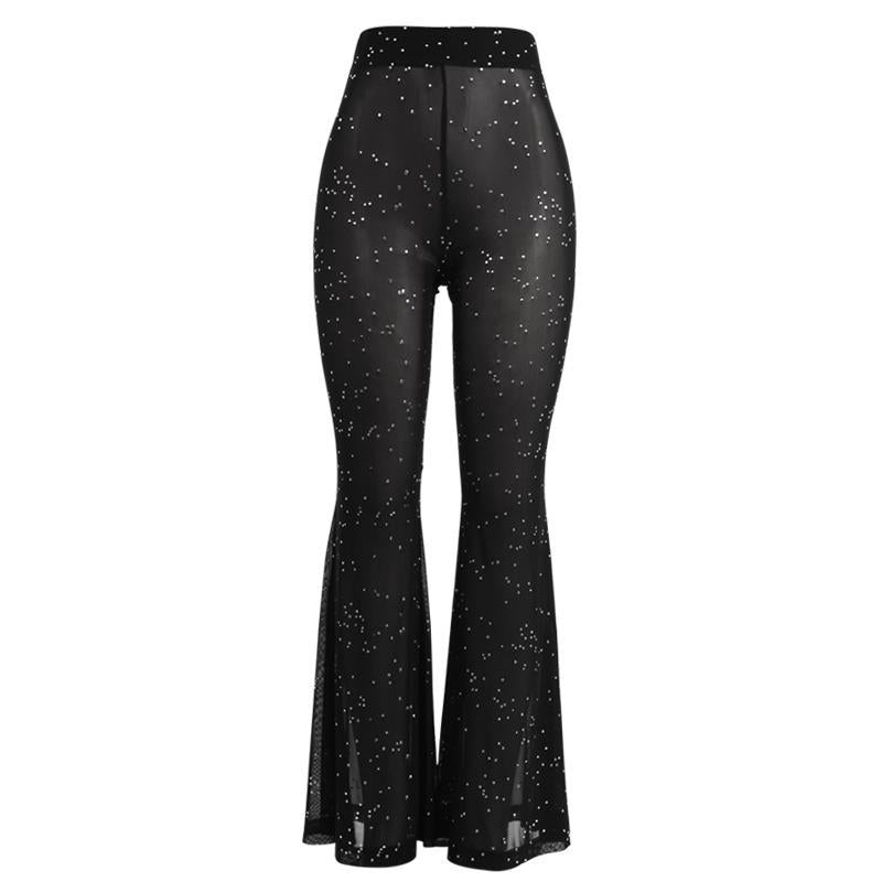 2023 Ifomt Mesh Pants Woman Shiny Flared Pants   High Waist Stacked Pants for Women Micro-Stretch See-Through Pants Stacked Leggings