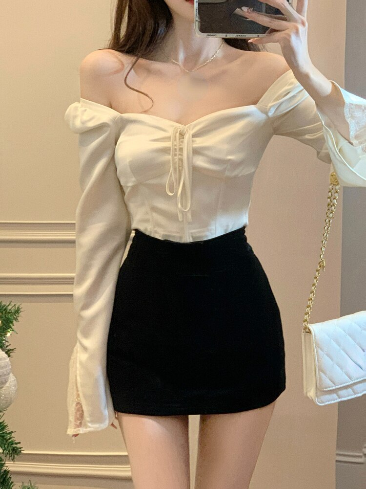 Ifomt 2023 Spring Long Sleeve Elegant Satin Blouse Women Slim Square Neck Y2k Clothing Korean Fashion Casual Shirts Office Lady Tops