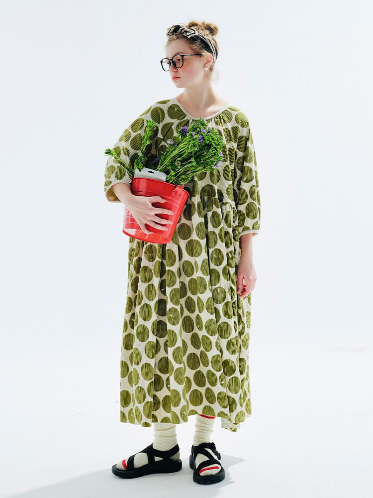 Ifomt Original 2023 Long-sleeved pullover Velvet Pressed Wrinkle Green Wave Dot dress casual skirt Women